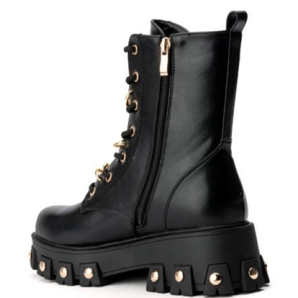 Azalea Wang Black Leather Gold Embellished Lace Up Combat Boots - Picture 2 of 3